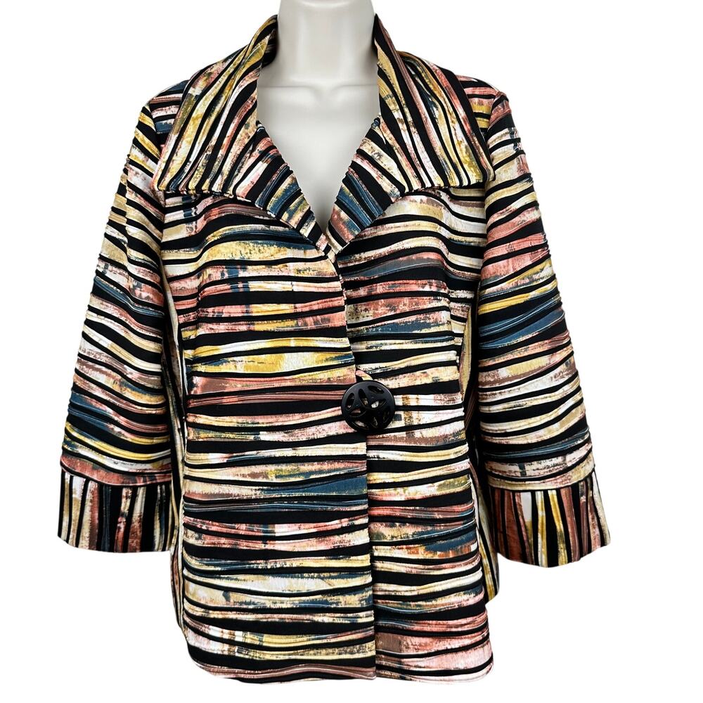 IC by Connie K Abstract Striped Jacket 3/4 Sleeve Textured Gold Black Lg Artsy